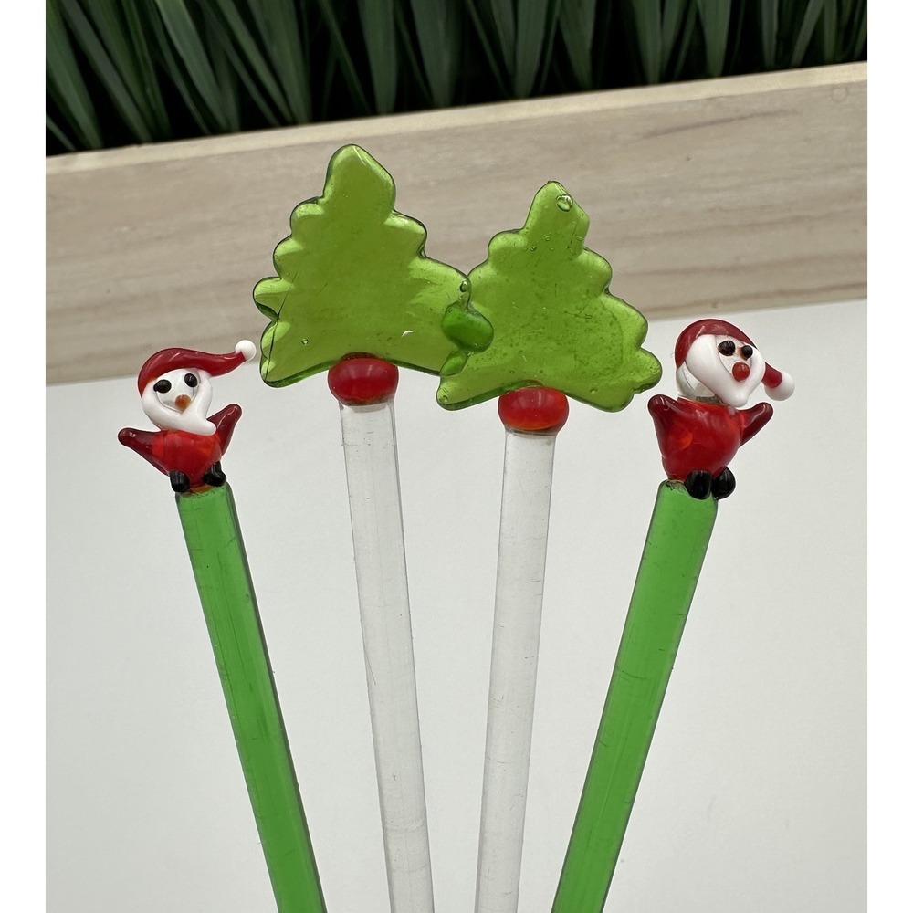 Vintage Christmas Village Holiday Glass Swizzle Stir‎ Sticks Santa Tree Set of 4